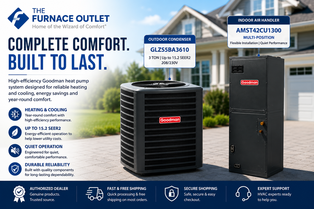 Goodman 3 Ton Up to 15.2 SEER2 208/230V Heat Pump System with GLZS5BA3610 Condenser & AMST42CU1300 Multi-Position Air Handler