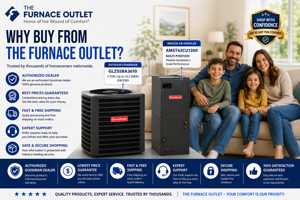 Goodman 3 Ton Up to 15.2 SEER2 208/230V Heat Pump System with GLZS5BA3610 Condenser & AMST42CU1300 Multi-Position Air Handler