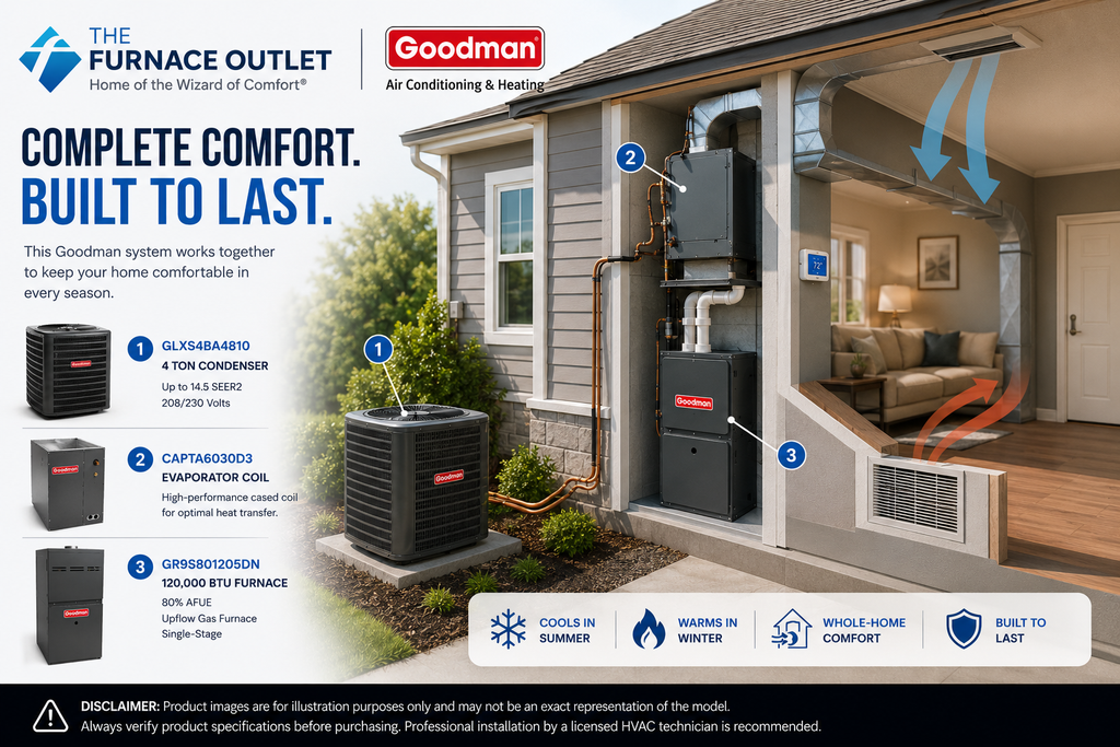 Goodman 4 Ton 14.5 SEER2 208/230V Air Conditioner System with GLXS4BA4810 Condenser, CAPTA6030D3 Coil & GR9S801205DN 120,000 BTU 80% AFUE Upflow Gas Furnace