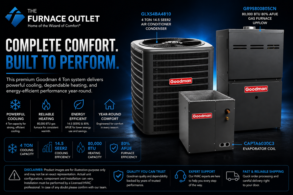 Goodman 4 Ton 14.5 SEER2 208/230 Volt 80,000 BTU 80% AFUE Upflow Air Conditioner System with GLXS4BA4810 Condenser, CAPTA6030C3 Evaporator Coil & GR9S800805CN Gas Furnace
