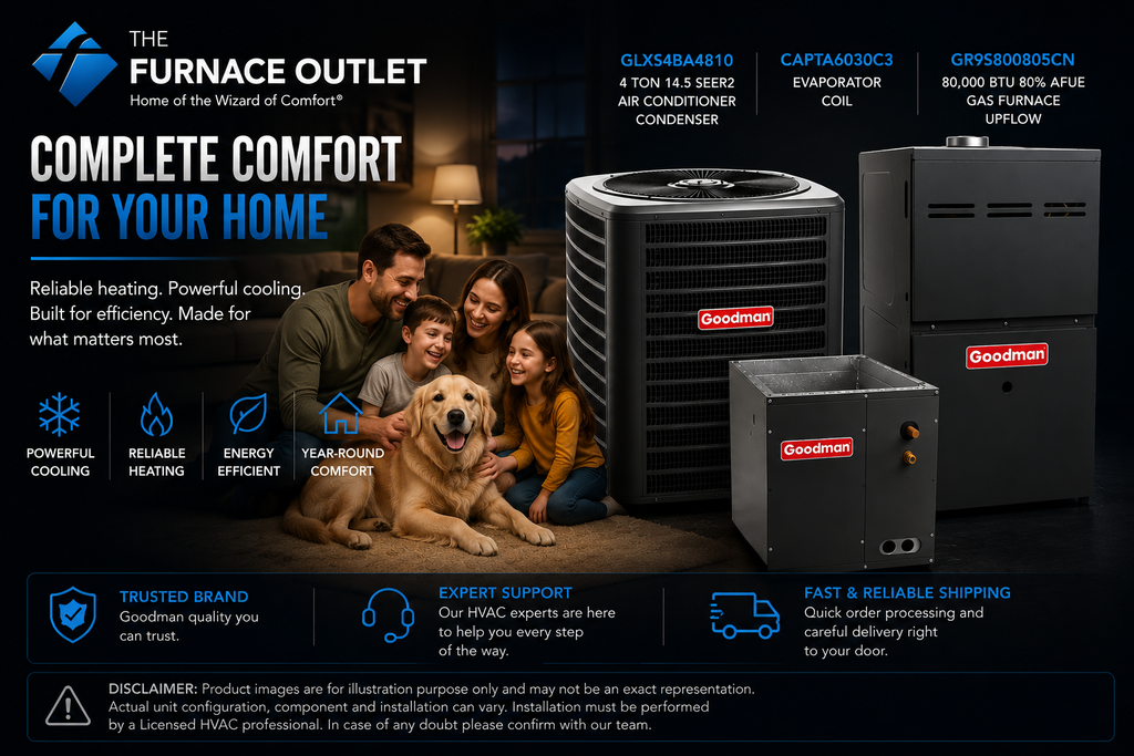 Goodman 4 Ton 14.5 SEER2 208/230 Volt 80,000 BTU 80% AFUE Upflow Air Conditioner System with GLXS4BA4810 Condenser, CAPTA6030C3 Evaporator Coil & GR9S800805CN Gas Furnace