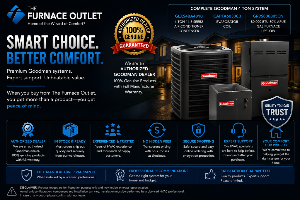 Goodman 4 Ton 14.5 SEER2 208/230 Volt 80,000 BTU 80% AFUE Upflow Air Conditioner System with GLXS4BA4810 Condenser, CAPTA6030C3 Evaporator Coil & GR9S800805CN Gas Furnace