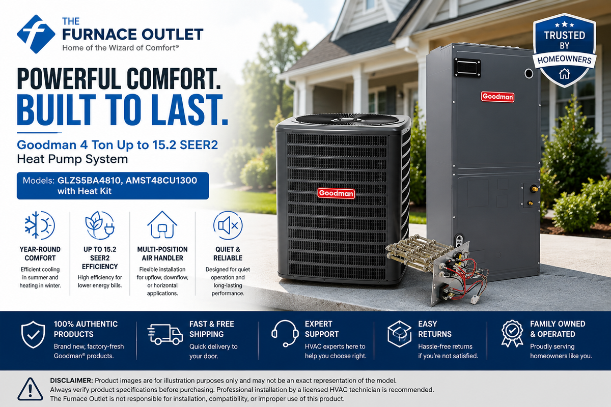 Goodman 4 Ton Up to 15.2 SEER2 Heat Pump System with GLZS5BA4810 Condenser & AMST48CU1300 Multi-Position Air Handler – Energy-Efficient Whole Home Heating & Cooling