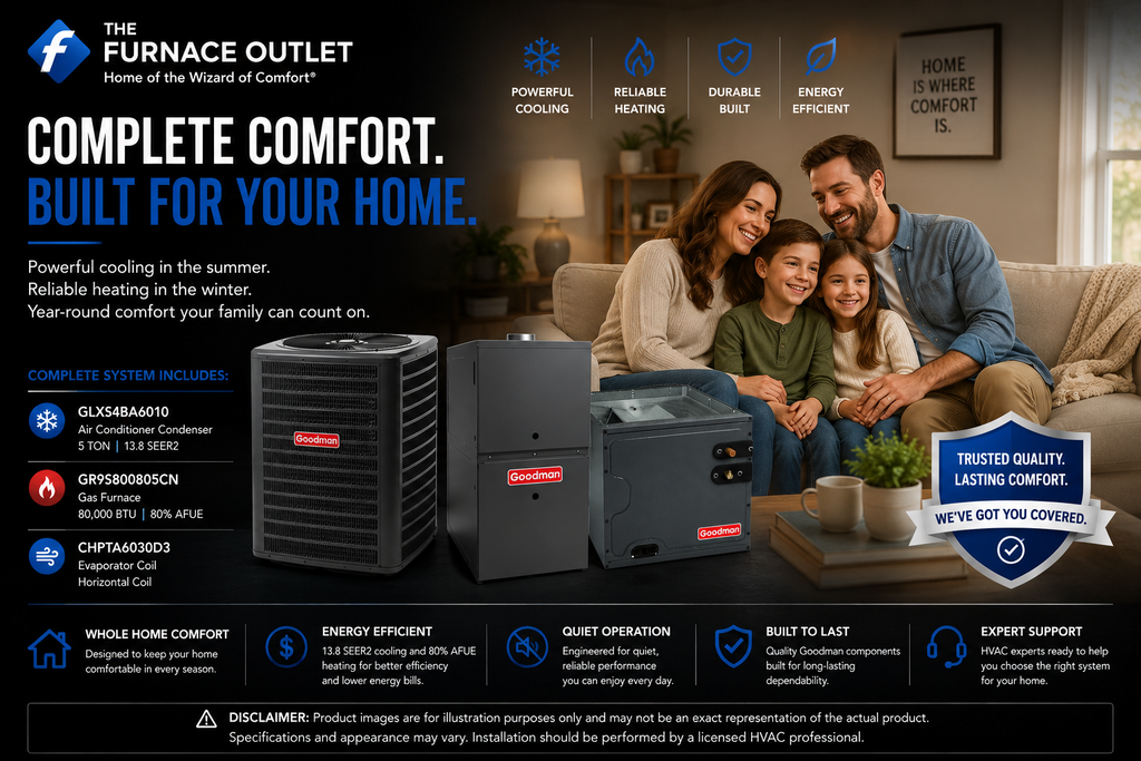 Goodman 5 Ton 13.8 SEER2 80,000 BTU 80% AFUE 208/230V Horizontal Air Conditioner System with GLXS4BA6010 Condenser, CHPTA6030D3 Coil & GR9S800805CN Gas Furnace
