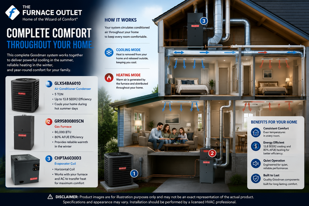 Goodman 5 Ton 13.8 SEER2 80,000 BTU 80% AFUE 208/230V Horizontal Air Conditioner System with GLXS4BA6010 Condenser, CHPTA6030D3 Coil & GR9S800805CN Gas Furnace