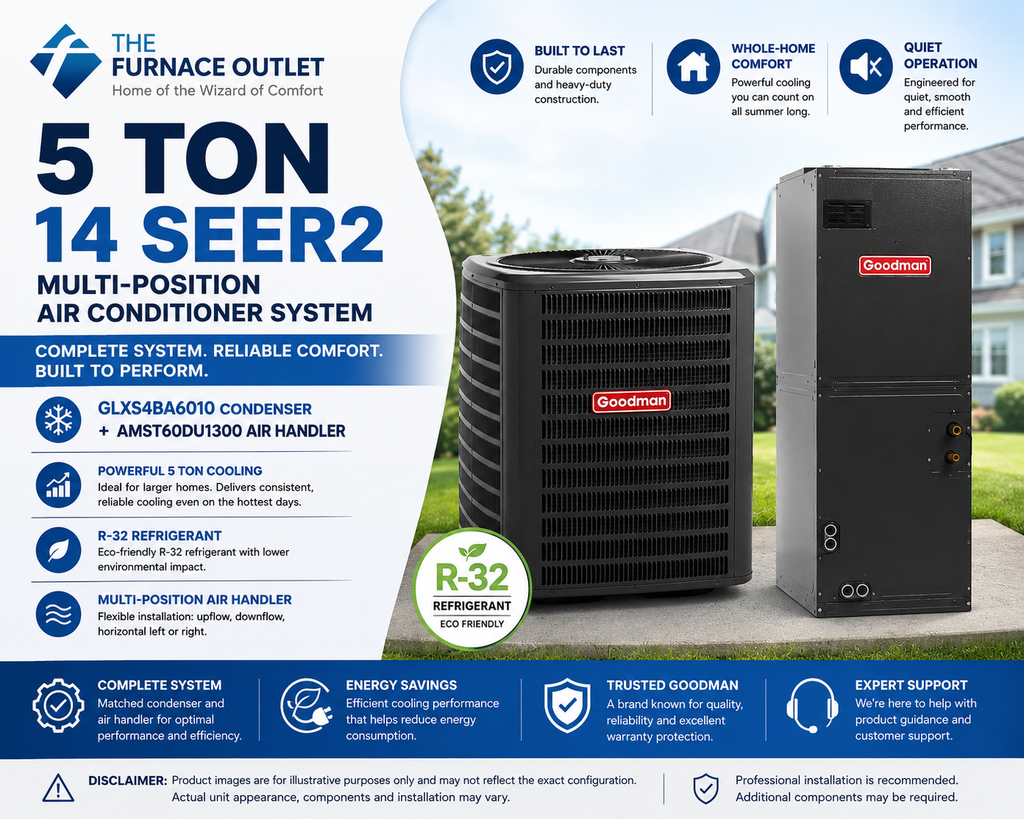 Goodman 5 Ton 14 SEER2 Multi-Position R-32 Air Conditioner System with GLXS4BA6010 Condenser & AMST60DU1300 Air Handler
