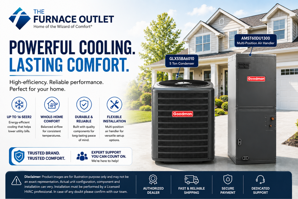 Goodman 5 Ton Up to 16 SEER2 208/230 Volt Central Air Conditioner System with GLXS5BA6010 Condenser & AMST60DU1300 Multi-Position Air Handler