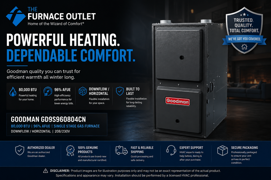 Goodman GD9S960804CN 80,000 BTU 96% AFUE 208/230V Downflow/Horizontal Single Stage Gas Furnace for High-Efficiency Residential Heating