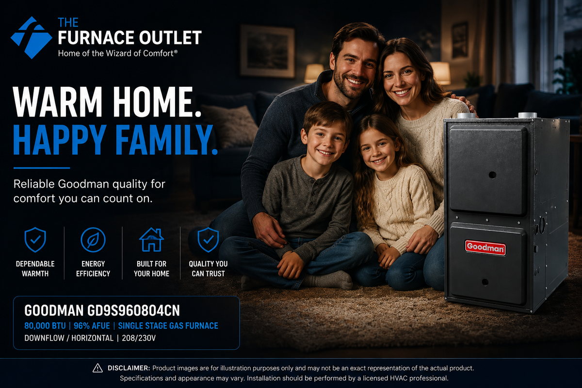 Goodman GD9S960804CN 80,000 BTU 96% AFUE 208/230V Downflow/Horizontal Single Stage Gas Furnace for High-Efficiency Residential Heating