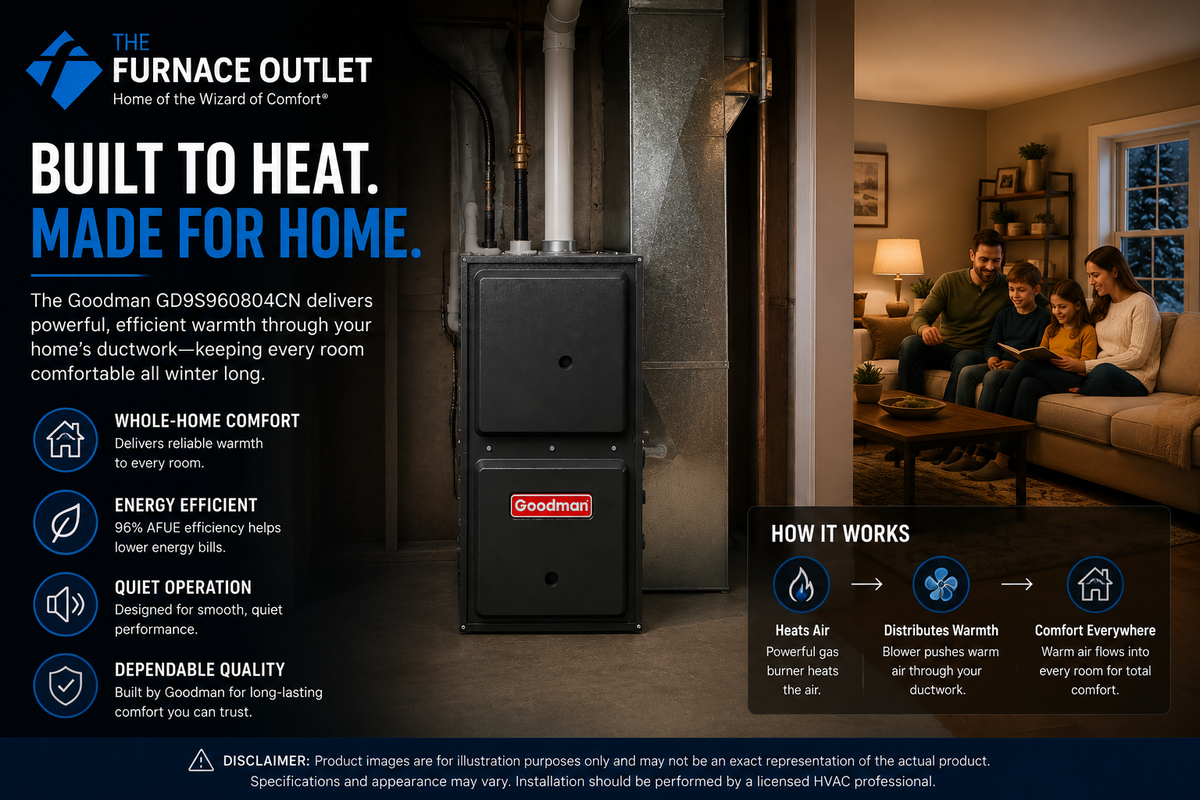 Goodman GD9S960804CN 80,000 BTU 96% AFUE 208/230V Downflow/Horizontal Single Stage Gas Furnace for High-Efficiency Residential Heating