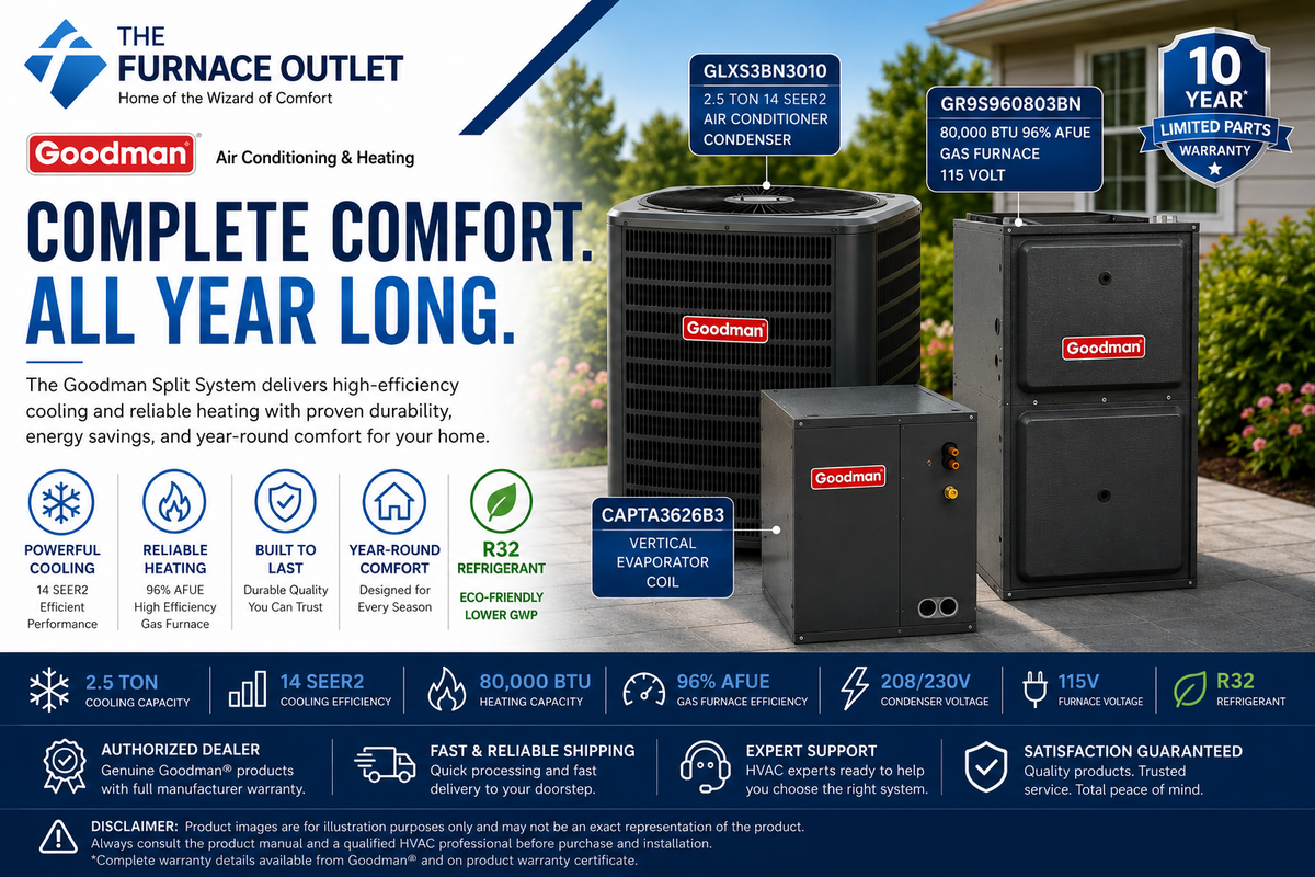 Goodman GLXS3BN3010 2.5 Ton 14 SEER2 208/230 Volt Central Air Conditioner Condenser with CAPTA3626B3 Vertical Coil and GR9S960803BN 80,000 BTU 115 Volt 96% AFUE Gas Furnace Split System for Residential Heating & Cooling