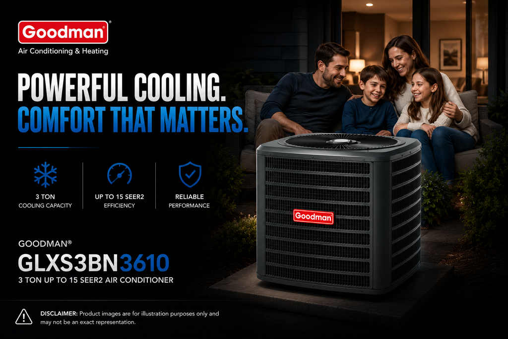 Goodman GLXS3BN3610 3 Ton Up to 15 SEER2 208/230 Volt Central Air Conditioner Condenser for Energy-Efficient Residential Cooling