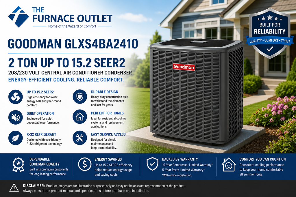 Goodman GLXS4BA2410 2 Ton Up to 15.2 SEER2 208/230 Volt Central Air Conditioner Condenser for Energy-Efficient Residential Cooling