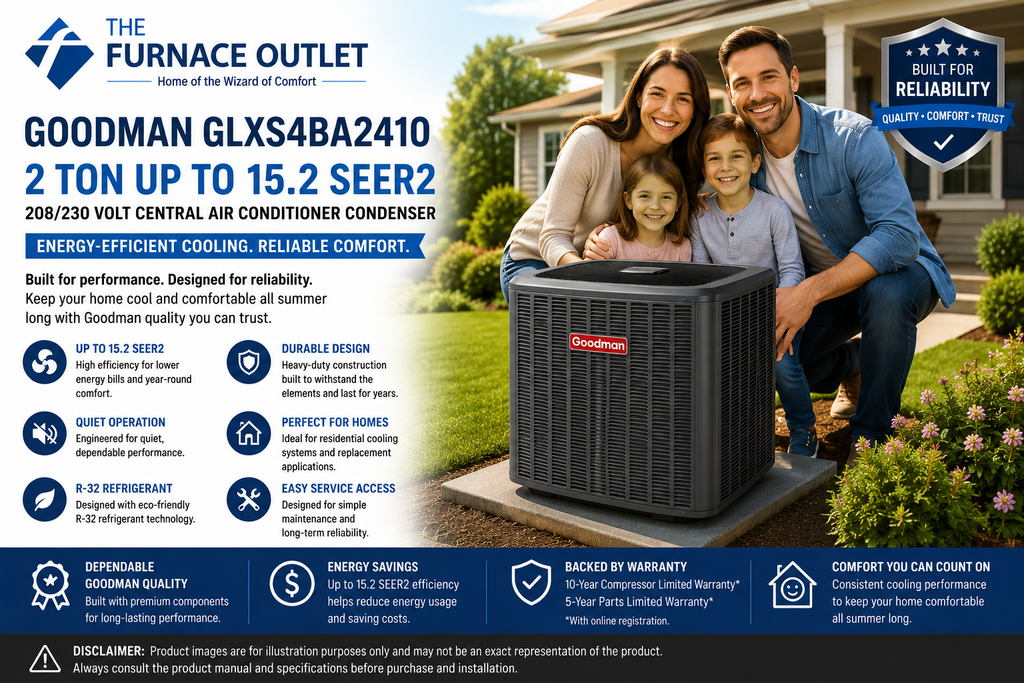 Goodman GLXS4BA2410 2 Ton Up to 15.2 SEER2 208/230 Volt Central Air Conditioner Condenser for Energy-Efficient Residential Cooling