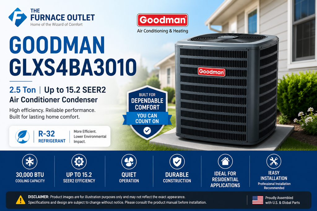 Goodman GLXS4BA3010 30000 BTU 208/230V 2.5 Ton Up To 15.2 SEER2 Air Conditioner Condenser – High Efficiency R-32 Cooling System