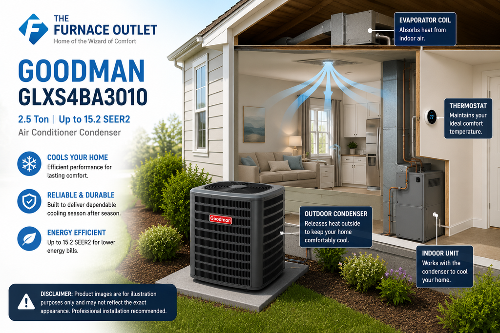 Goodman GLXS4BA3010 30000 BTU 208/230V 2.5 Ton Up To 15.2 SEER2 Air Conditioner Condenser – High Efficiency R-32 Cooling System