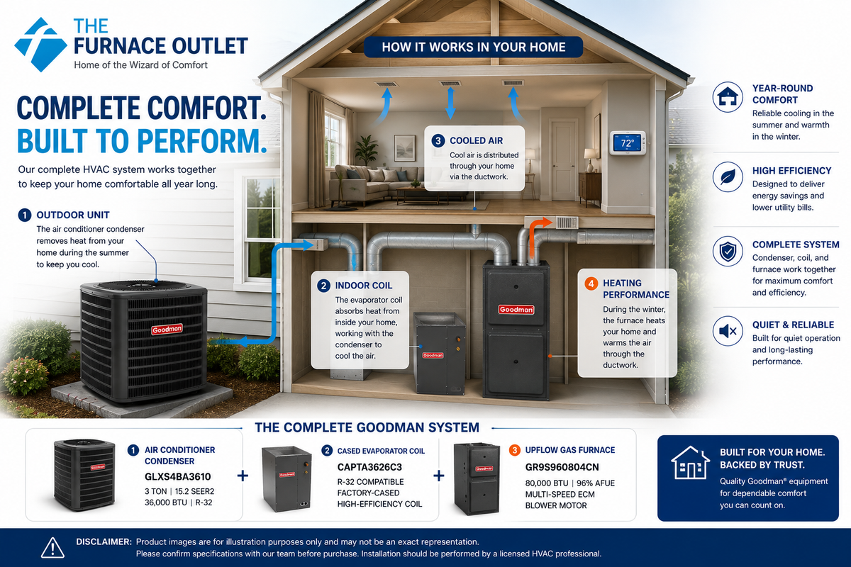 Goodman GLXS4BA3610 36000 BTU 208/230V 3 Ton 15.2 SEER2 Air Conditioner Condenser with CAPTA3626C3 Cased Coil and GR9S960804CN 80,000 BTU 96% AFUE Upflow Gas Furnace System