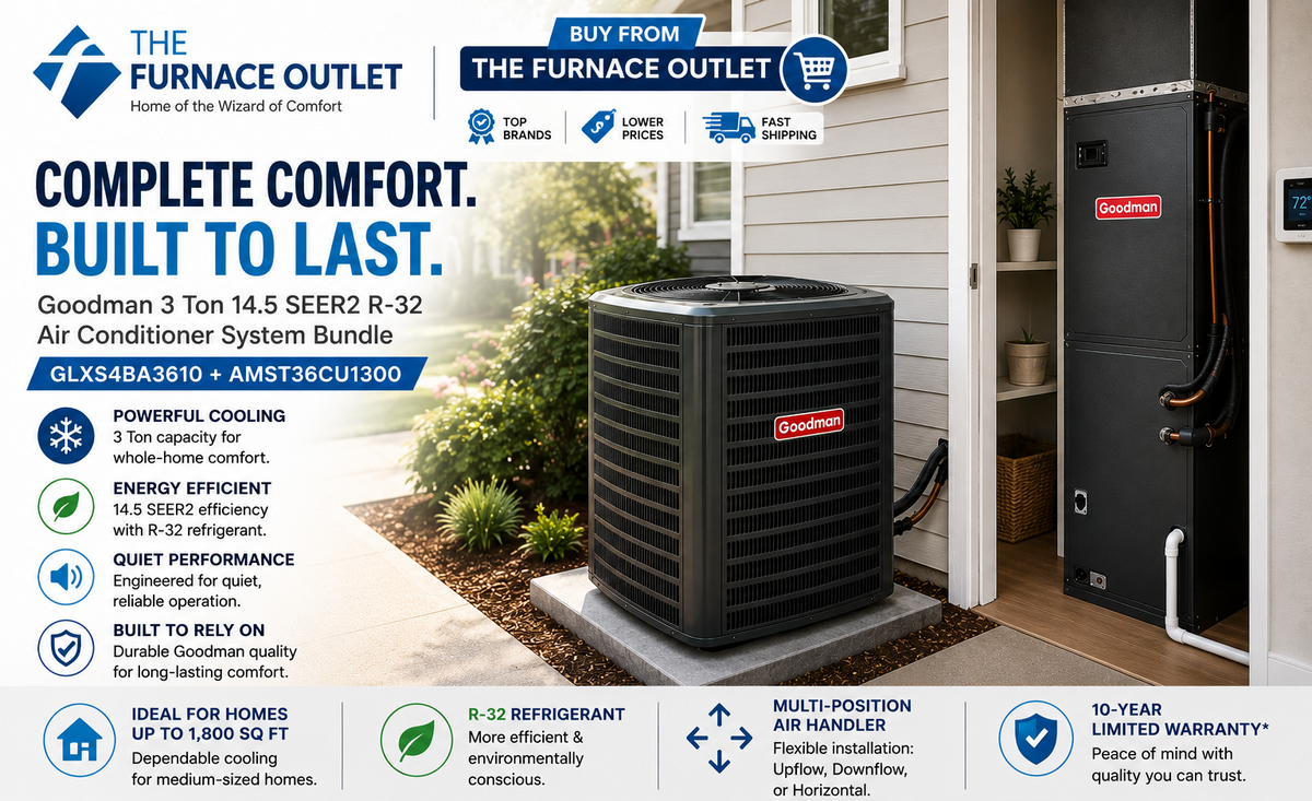 Goodman GLXS4BA3610 3 Ton 14.5 SEER2 R-32 Air Conditioner System Bundle with AMST36CU1300 Air Handler