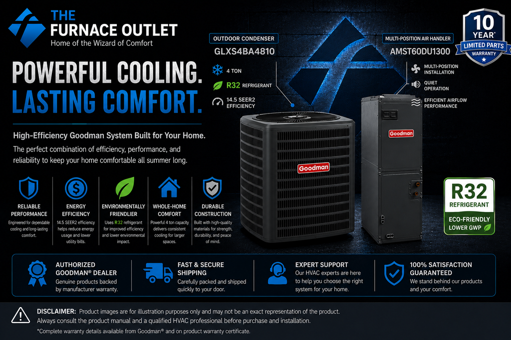 Goodman GLXS4BA4810 4 Ton 14.5 SEER2 R-32 208/230 Volt Central Air Conditioner Condenser with AMST60DU1300 Multi-Position Air Handler System for Residential Cooling Comfort