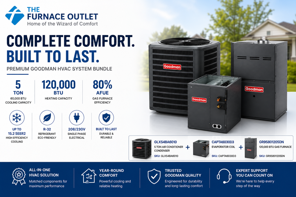 Goodman GLXS4BA6010 60000 BTU 208/230V 5 Ton Up to 15.2 SEER2 Air Conditioner Condenser with CAPTA6030D3 Evaporator Coil & GR9S801205DN 120,000 BTU 80% AFUE Gas Furnace System Bundle