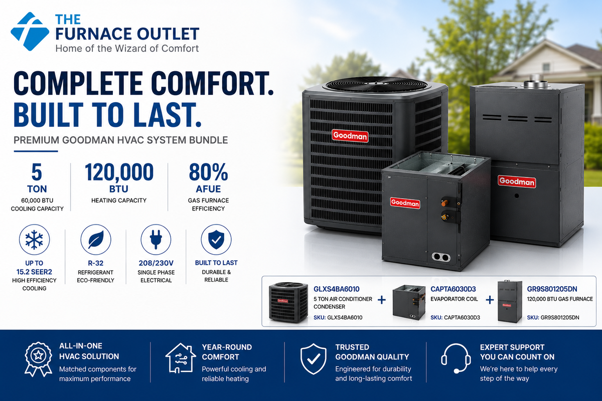 Goodman GLXS4BA6010 60000 BTU 208/230V 5 Ton Up to 15.2 SEER2 Air Conditioner Condenser with CAPTA6030D3 Evaporator Coil & GR9S801205DN 120,000 BTU 80% AFUE Gas Furnace System Bundle