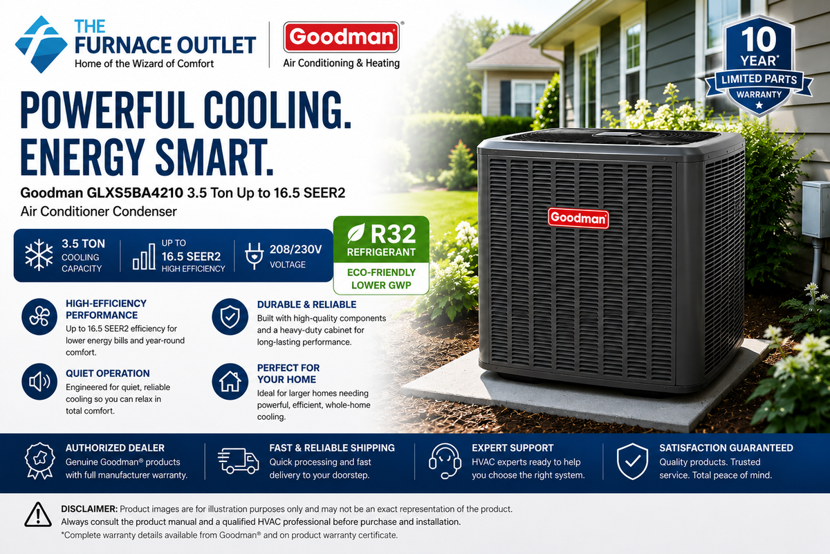 Goodman GLXS5BA4210 3.5 Ton Up to 16.5 SEER2 208/230 Volt High-Efficiency Central Air Conditioner Condenser for Residential Cooling