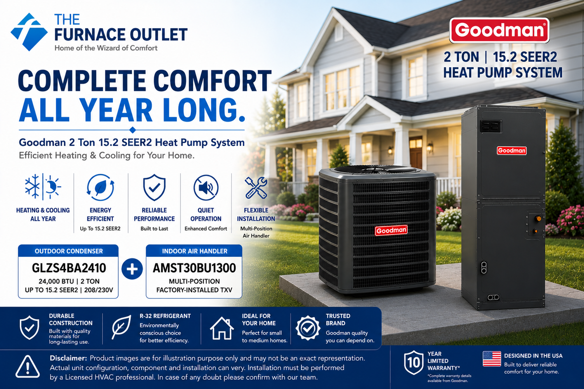 Goodman GLZS4BA2410 24000 BTU 208/230V 2 Ton 15.2 SEER2 Heat Pump Condenser with AMST30BU1300 Multi-Position Air Handler System