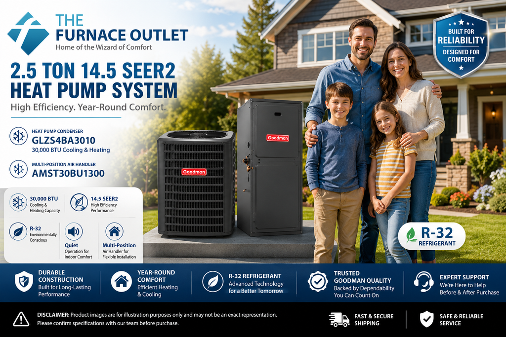 Goodman GLZS4BA3010 30000 BTU 208/230V 2.5 Ton 14.5 SEER2 Heat Pump Condenser with AMST30BU1300 Multi-Position Air Handler System