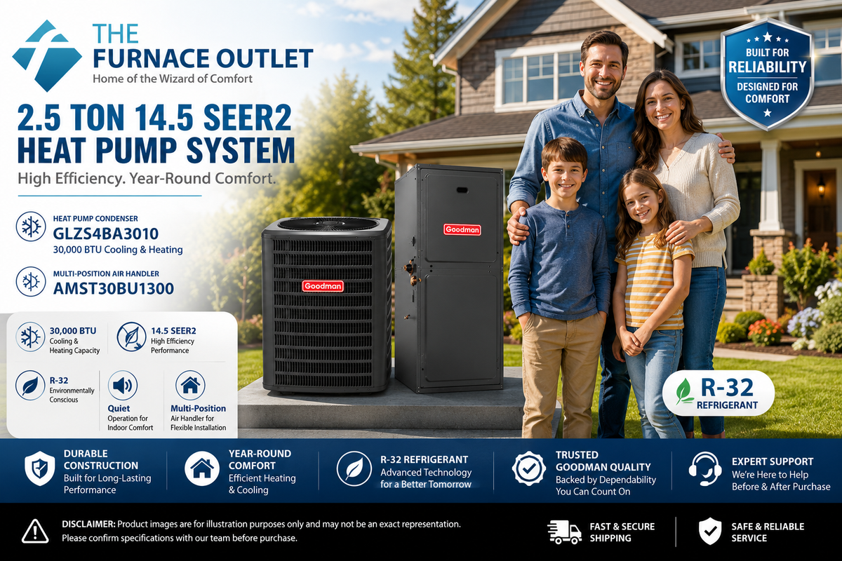 Goodman GLZS4BA3010 30000 BTU 208/230V 2.5 Ton 14.5 SEER2 Heat Pump Condenser with AMST30BU1300 Multi-Position Air Handler System