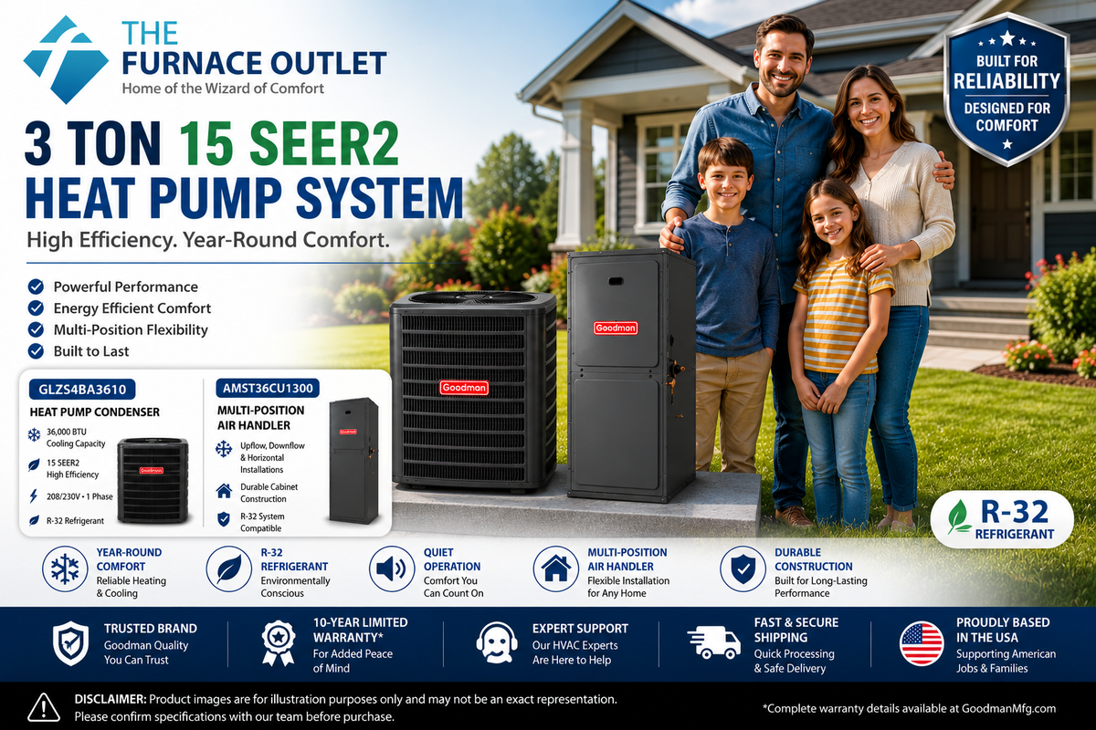 Goodman GLZS4BA3610 36000 BTU 208/230V 3 Ton 15 SEER2 Heat Pump System with AMST36CU1300 Multi-Position Air Handler