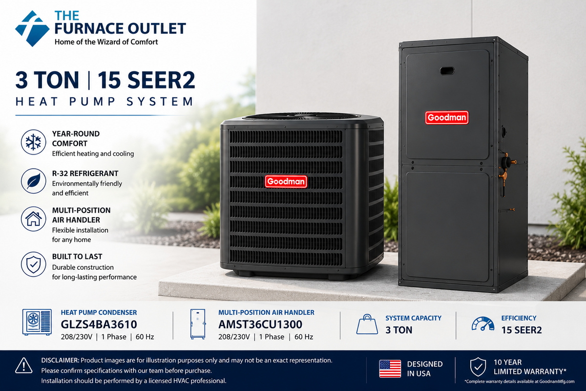 Goodman GLZS4BA3610 36000 BTU 208/230V 3 Ton 15 SEER2 Heat Pump System with AMST36CU1300 Multi-Position Air Handler