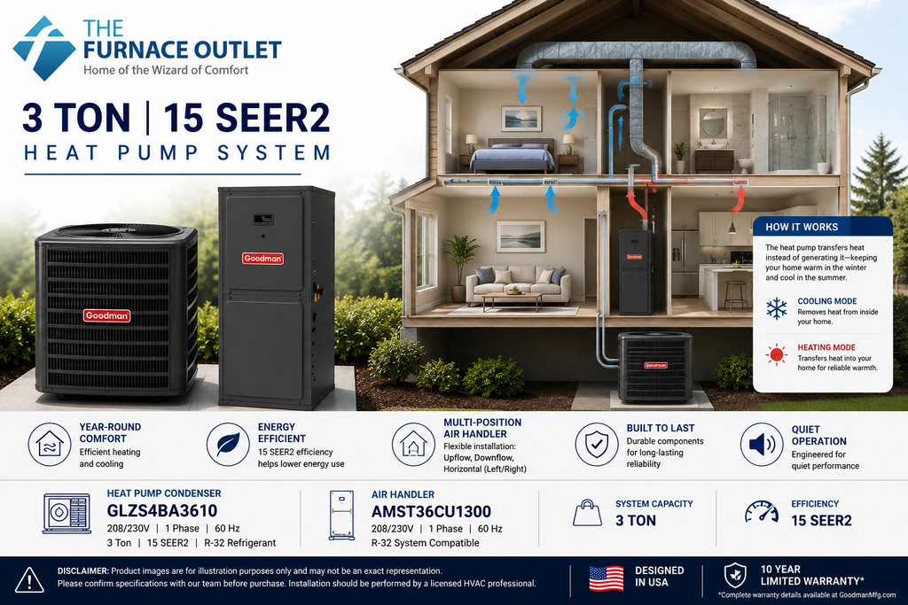Goodman GLZS4BA3610 36000 BTU 208/230V 3 Ton 15 SEER2 Heat Pump System with AMST36CU1300 Multi-Position Air Handler