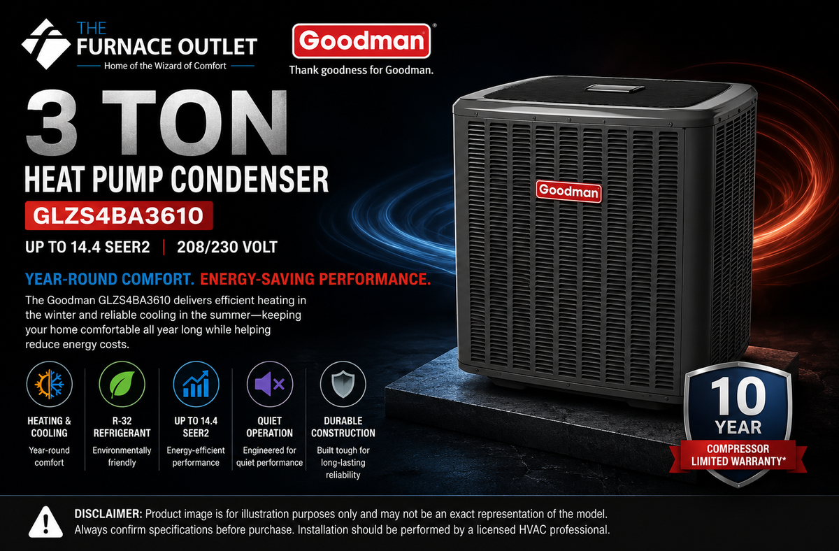Goodman GLZS4BA3610 3 Ton Up to 14.4 SEER2 208/230 Volt Heat Pump Condenser for Energy-Efficient Residential Heating & Cooling