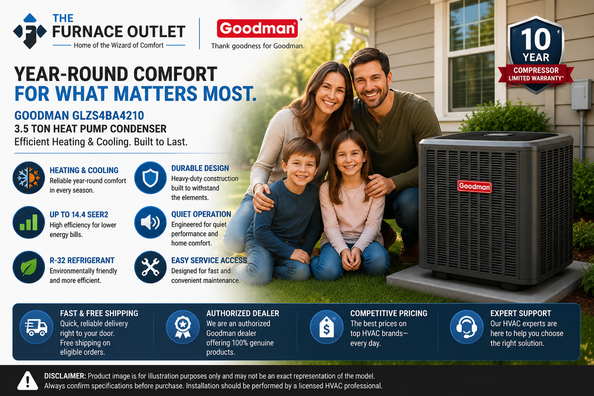 Goodman GLZS4BA4210 3.5 Ton Up to 14.4 SEER2 208/230 Volt Heat Pump Condenser for Energy-Efficient Residential Heating & Cooling