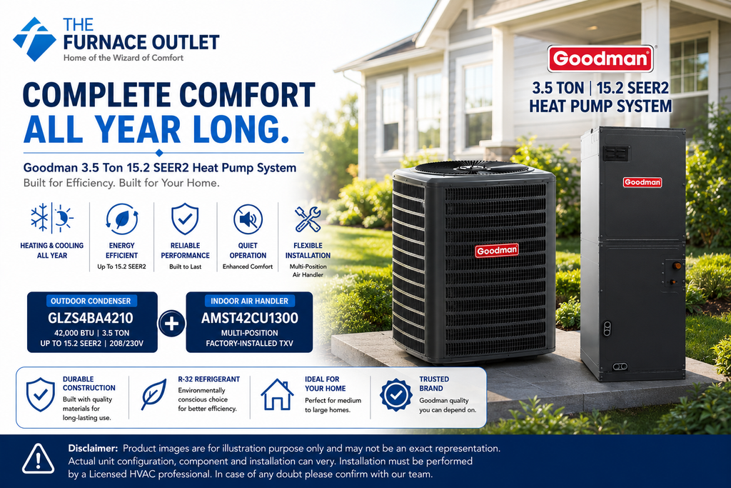 Goodman GLZS4BA4210 42000 BTU 208/230V 3.5 Ton 15.2 SEER2 Heat Pump Condenser with AMST42CU1300 Multi-Position Air Handler System