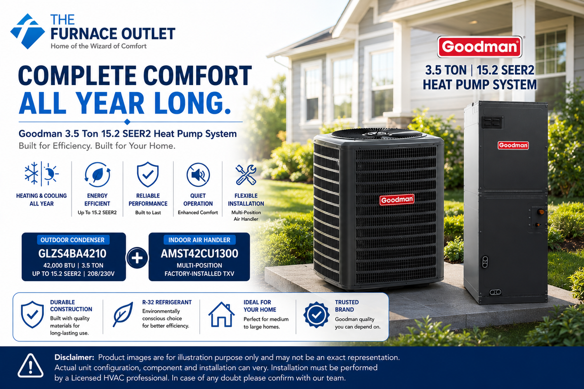 Goodman GLZS4BA4210 42000 BTU 208/230V 3.5 Ton 15.2 SEER2 Heat Pump Condenser with AMST42CU1300 Multi-Position Air Handler System
