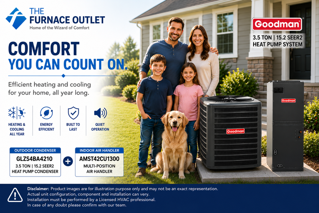 Goodman GLZS4BA4210 42000 BTU 208/230V 3.5 Ton 15.2 SEER2 Heat Pump Condenser with AMST42CU1300 Multi-Position Air Handler System