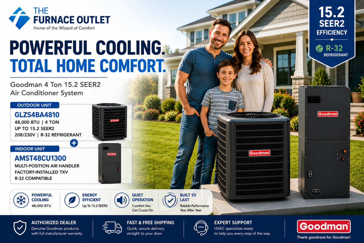 Goodman GLZS4BA4810 48000 BTU 208/230V 4 Ton 15.2 SEER2 Air Conditioner Condenser with AMST48CU1300 Multi-Position Air Handler System
