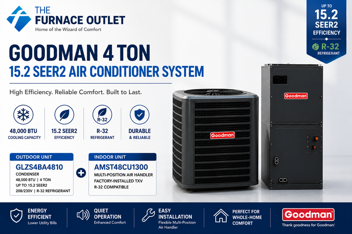 Goodman GLZS4BA4810 48000 BTU 208/230V 4 Ton 15.2 SEER2 Air Conditioner Condenser with AMST48CU1300 Multi-Position Air Handler System