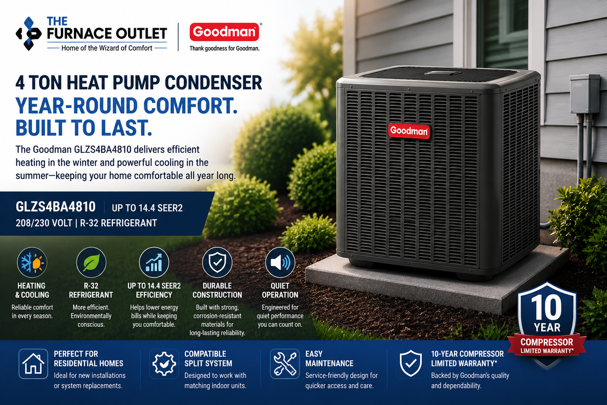 Goodman GLZS4BA4810 4 Ton Up to 14.4 SEER2 208/230 Volt Heat Pump Condenser for Energy-Efficient Residential Heating & Cooling