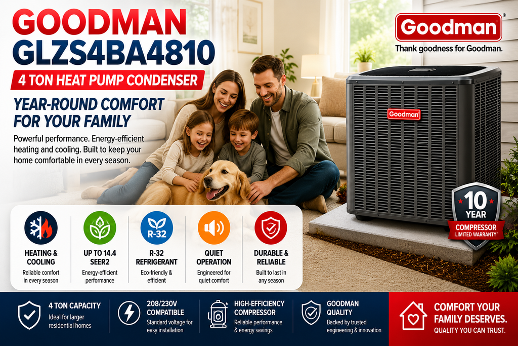 Goodman GLZS4BA4810 4 Ton Up to 14.4 SEER2 208/230 Volt Heat Pump Condenser for Energy-Efficient Residential Heating & Cooling