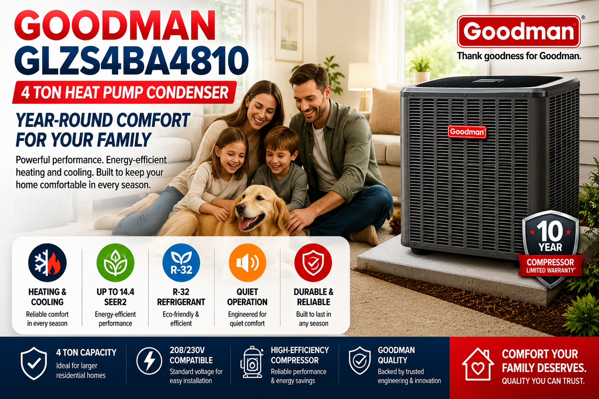 Goodman GLZS4BA4810 4 Ton Up to 14.4 SEER2 208/230 Volt Heat Pump Condenser for Energy-Efficient Residential Heating & Cooling