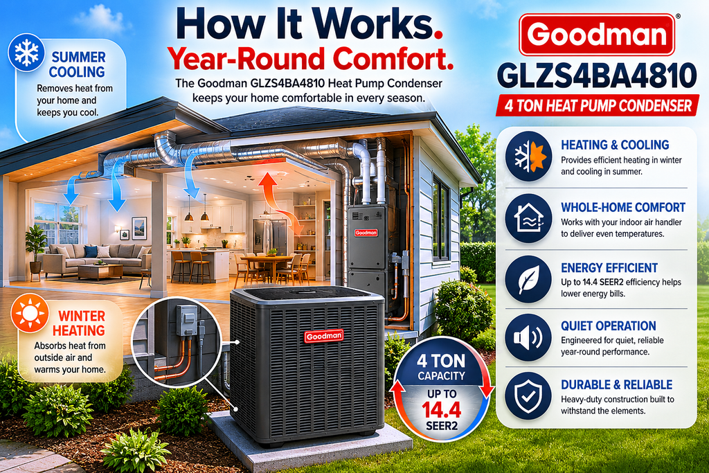 Goodman GLZS4BA4810 4 Ton Up to 14.4 SEER2 208/230 Volt Heat Pump Condenser for Energy-Efficient Residential Heating & Cooling