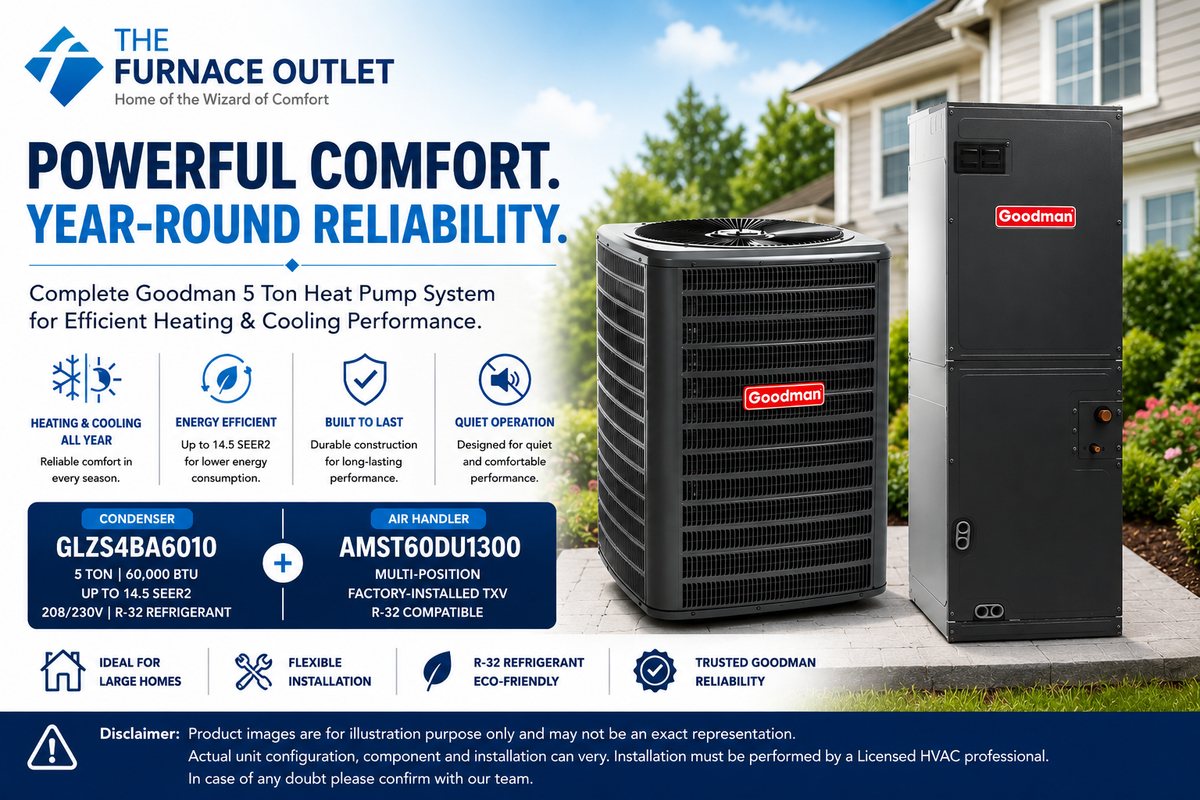 Goodman GLZS4BA6010 60000 BTU 208/230V 5 Ton 14.5 SEER2 Heat Pump Condenser with AMST60DU1300 Multi-Position Air Handler System