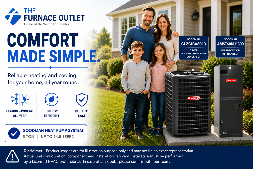 Goodman GLZS4BA6010 60000 BTU 208/230V 5 Ton 14.5 SEER2 Heat Pump Condenser with AMST60DU1300 Multi-Position Air Handler System