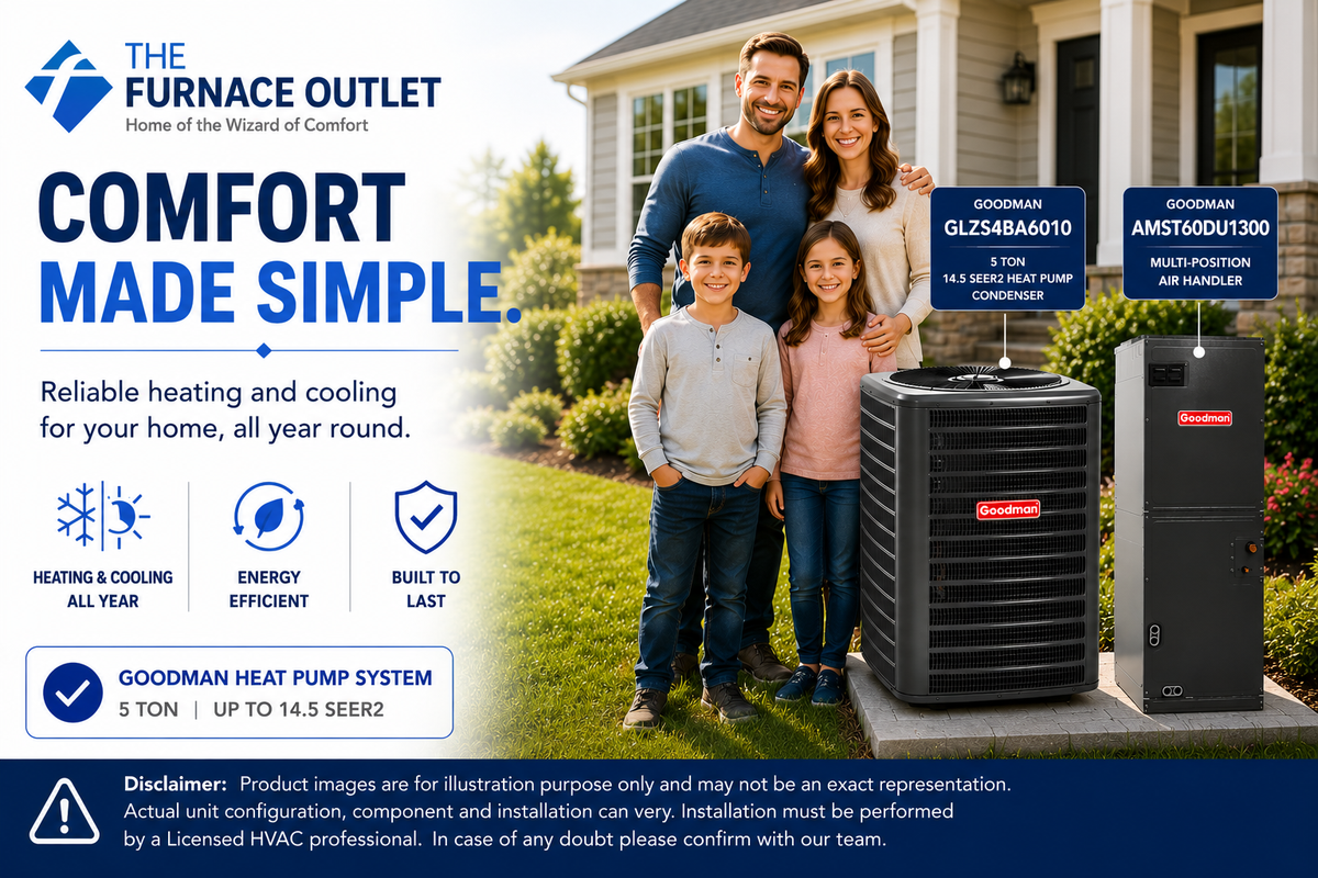 Goodman GLZS4BA6010 60000 BTU 208/230V 5 Ton 14.5 SEER2 Heat Pump Condenser with AMST60DU1300 Multi-Position Air Handler System