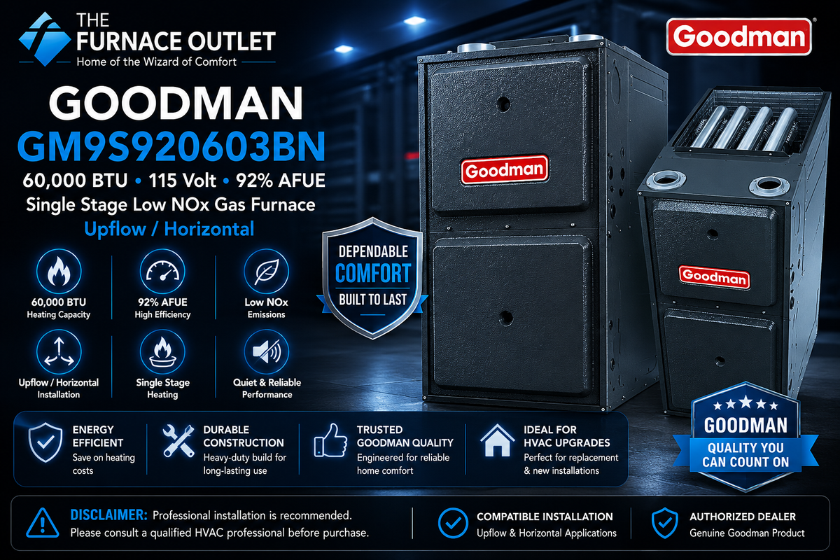 Goodman GM9S920603BN 60000 BTU 115 Volt 92% AFUE Single Stage Low NOx Upflow/Horizontal Gas Furnace for Energy-Efficient Residential Heating