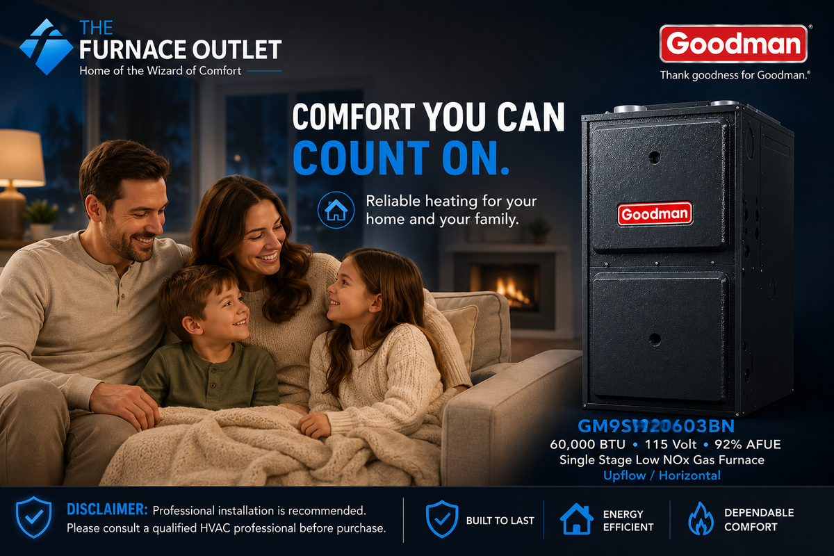Goodman GM9S920603BN 60000 BTU 115 Volt 92% AFUE Single Stage Low NOx Upflow/Horizontal Gas Furnace for Energy-Efficient Residential Heating