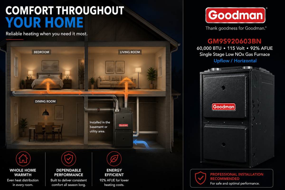 Goodman GM9S920603BN 60000 BTU 115 Volt 92% AFUE Single Stage Low NOx Upflow/Horizontal Gas Furnace for Energy-Efficient Residential Heating