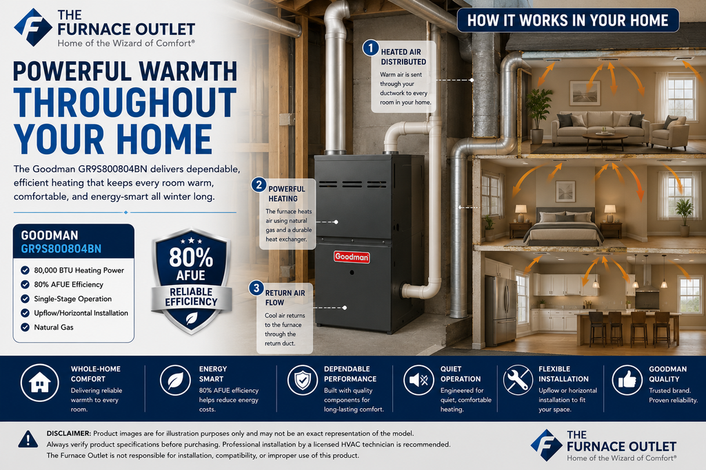 Goodman GR9S800804BN 80,000 BTU 80% AFUE Upflow/Horizontal Single-Stage Gas Furnace – Reliable Home Heating System